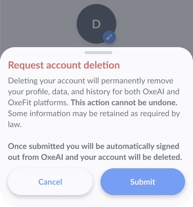 OxeAI Request Account Deletion option