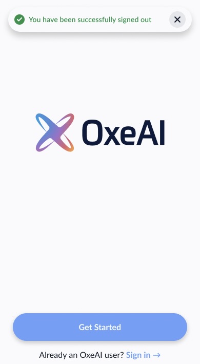 OxeAI login screen after account deletion request